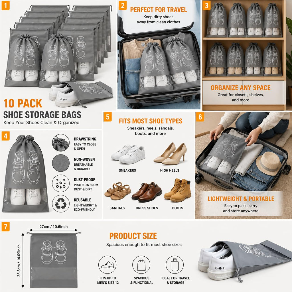 Shoe Storage Bags 10 Pack Reusable Non-Woven Drawstring Pouches