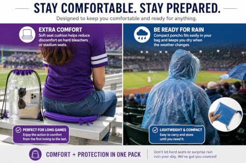 ML Necessities Stadium Comfort Pack Clear Bag, Seat Cushion & Rain Poncho Bundle