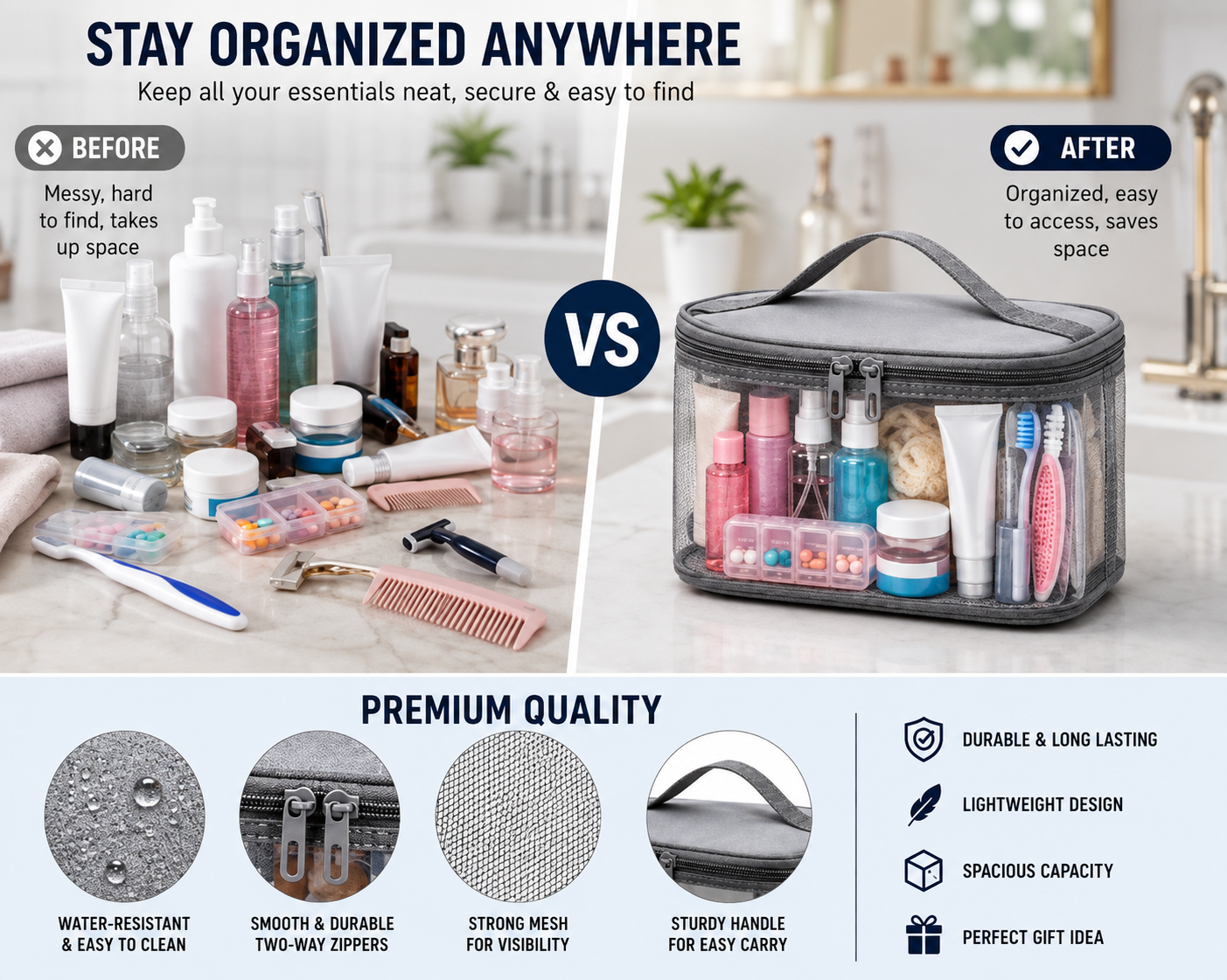Travel Toiletry Bag for Women & Men, Gray