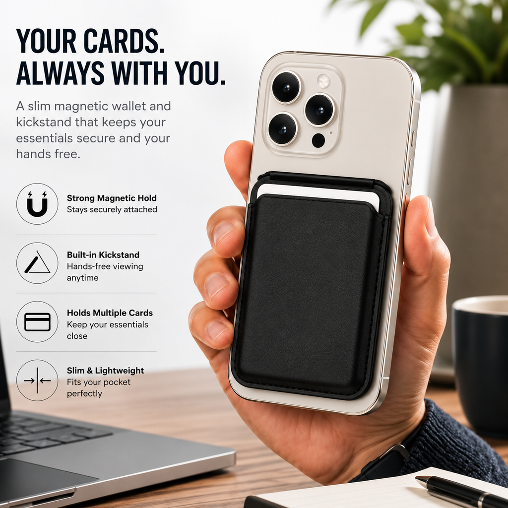 Magnetic Phone Wallet with Kickstand for iPhone – RFID Card Holder