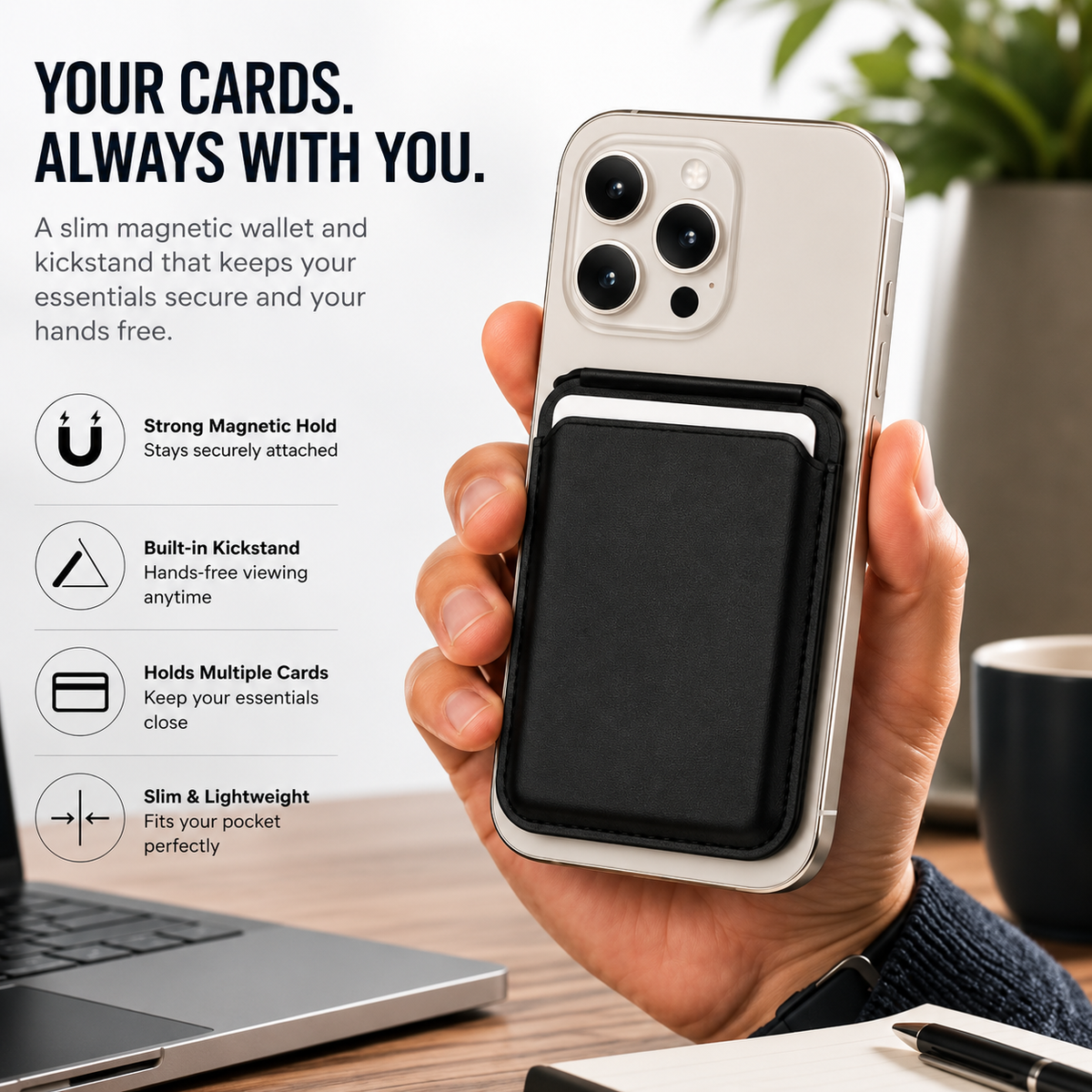 Magnetic Phone Wallet with Kickstand for iPhone – RFID Card Holder