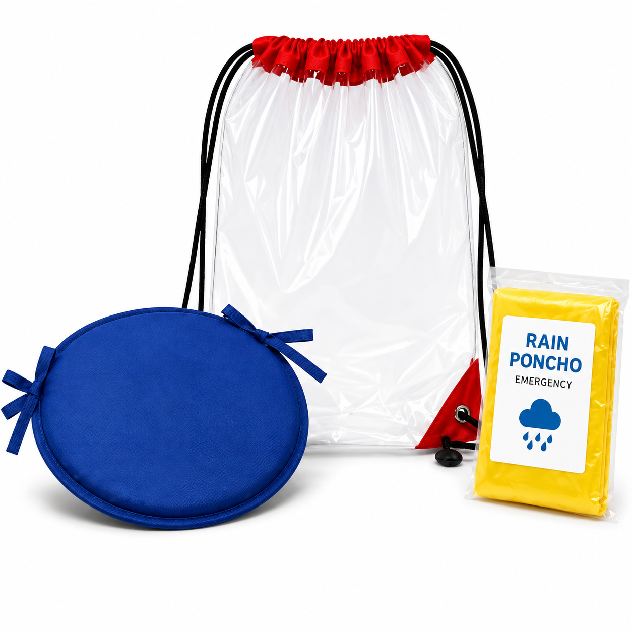 ML Necessities Stadium Comfort Pack Clear Bag, Seat Cushion & Rain Poncho Bundle