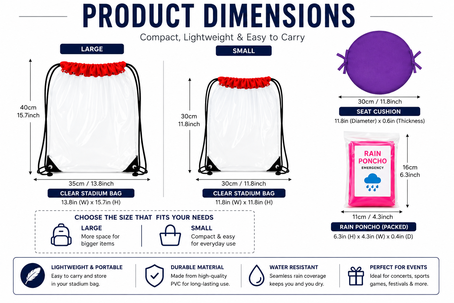 ML Necessities Stadium Comfort Pack Clear Bag, Seat Cushion & Rain Poncho Bundle