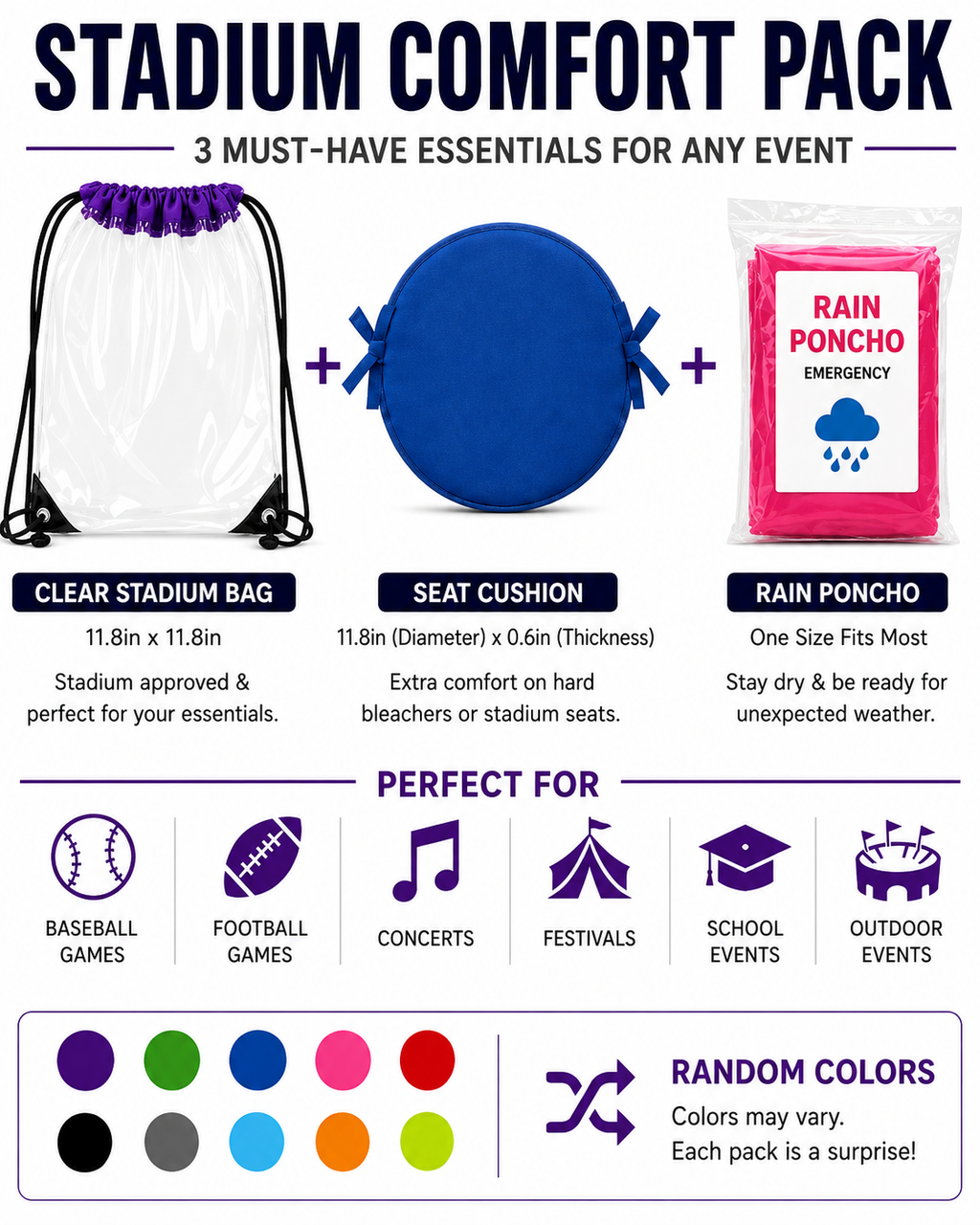 ML Necessities Stadium Comfort Pack Clear Bag, Seat Cushion & Rain Poncho Bundle