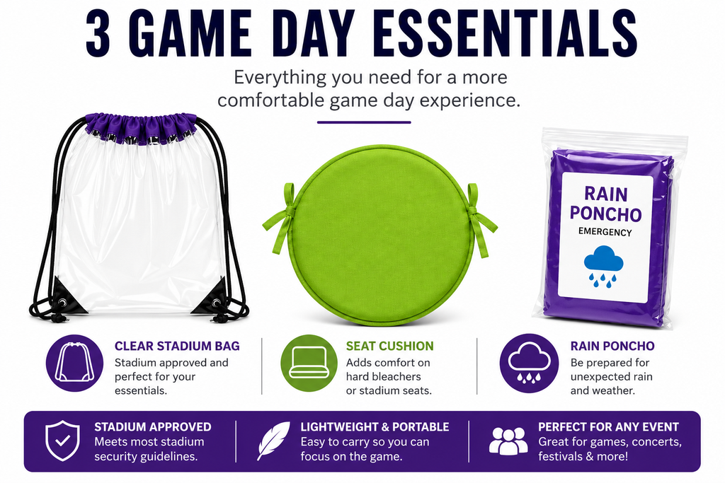 ML Necessities Stadium Comfort Pack Clear Bag, Seat Cushion & Rain Poncho Bundle