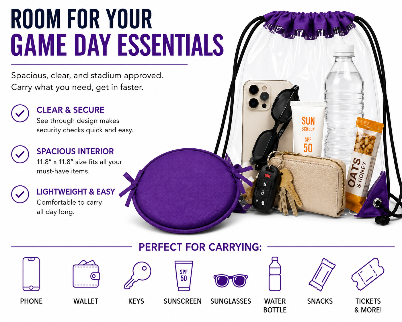 ML Necessities Stadium Comfort Pack Clear Bag, Seat Cushion & Rain Poncho Bundle