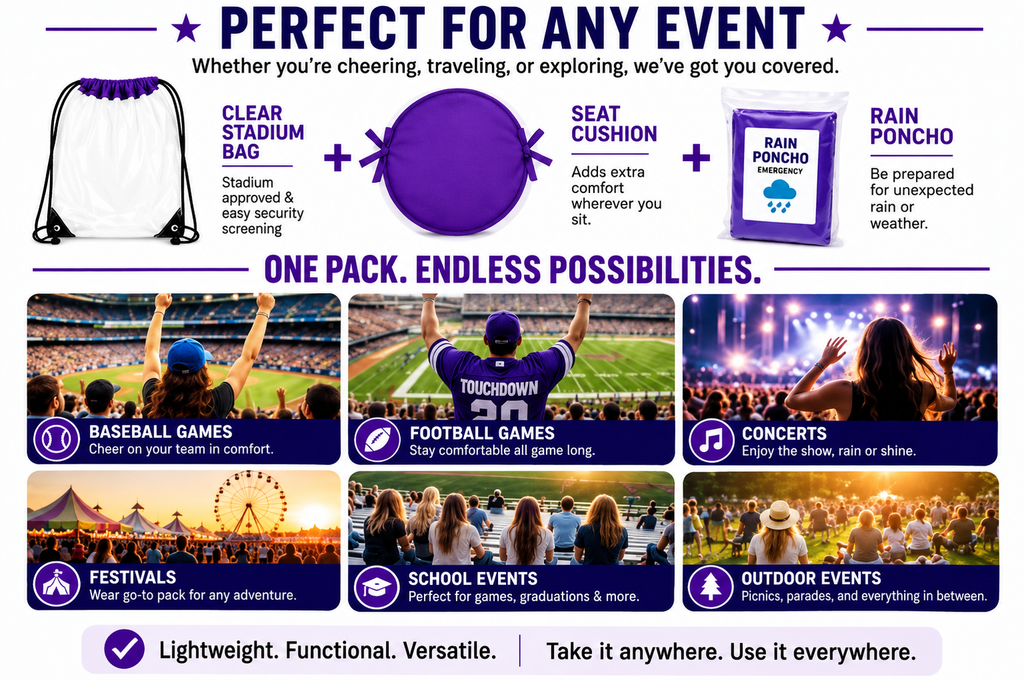 ML Necessities Stadium Comfort Pack Clear Bag, Seat Cushion & Rain Poncho Bundle