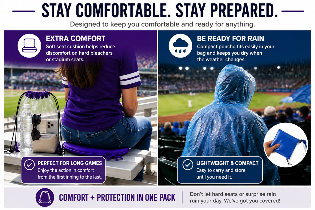 ML Necessities Stadium Comfort Pack Clear Bag, Seat Cushion & Rain Poncho Bundle