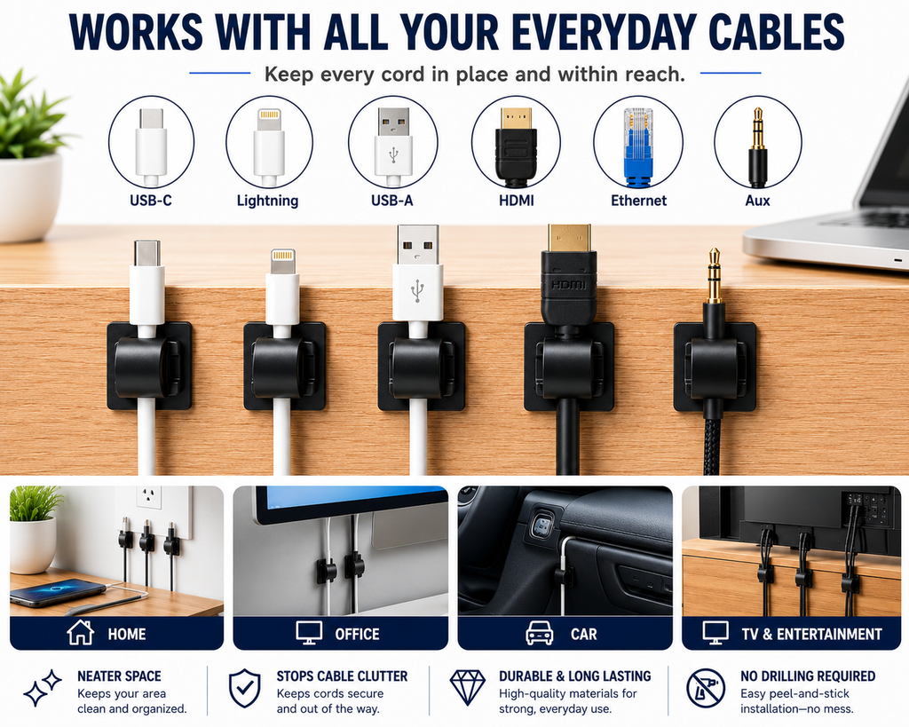 ML Necessities Self Adhesive Cable Clips Cord Organizer, Black