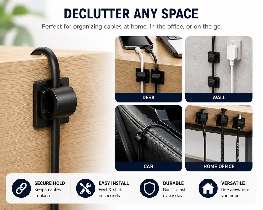 ML Necessities Self Adhesive Cable Clips Cord Organizer, Black