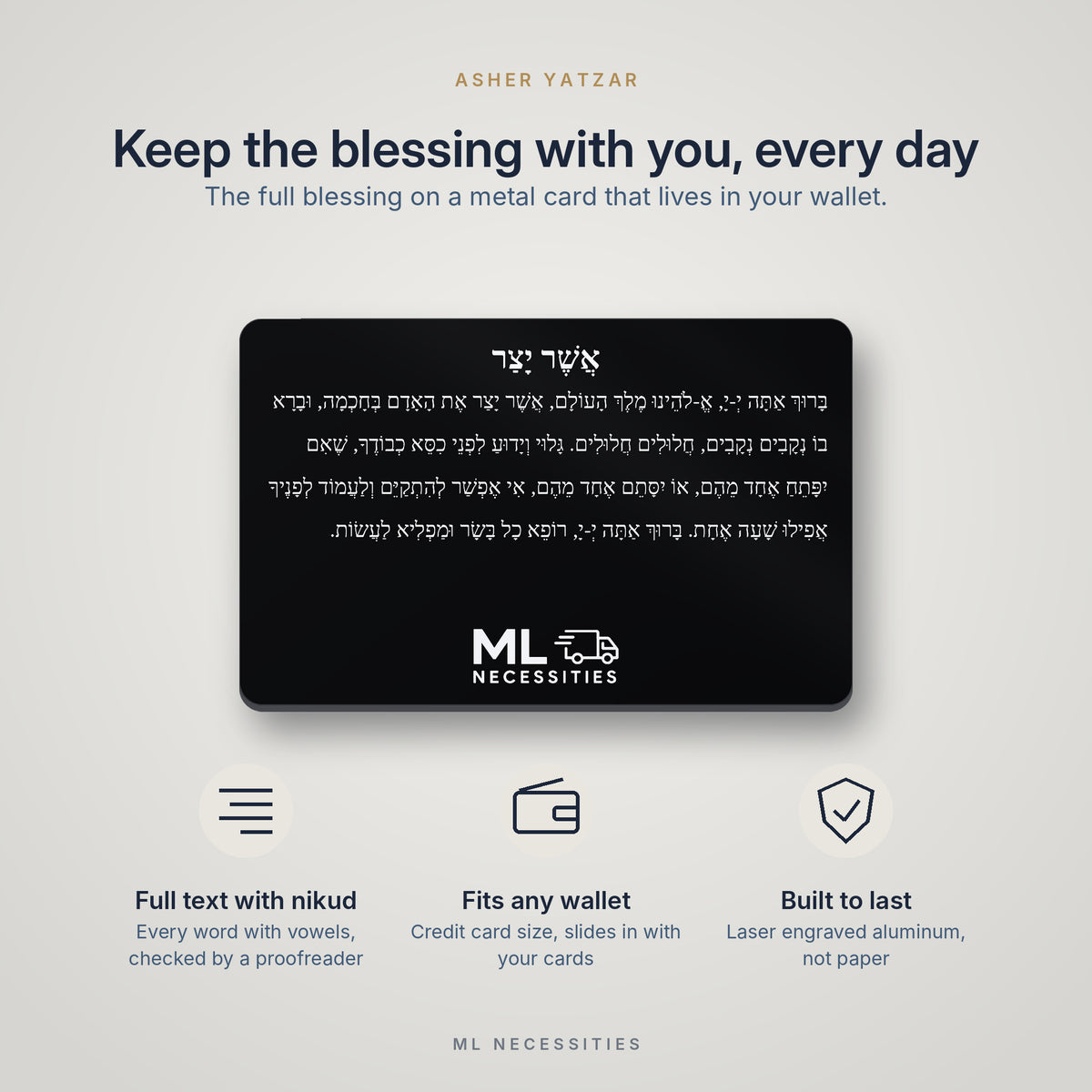 Asher Yatzar prayer card benefits: full text with nikud, fits any wallet, built to last