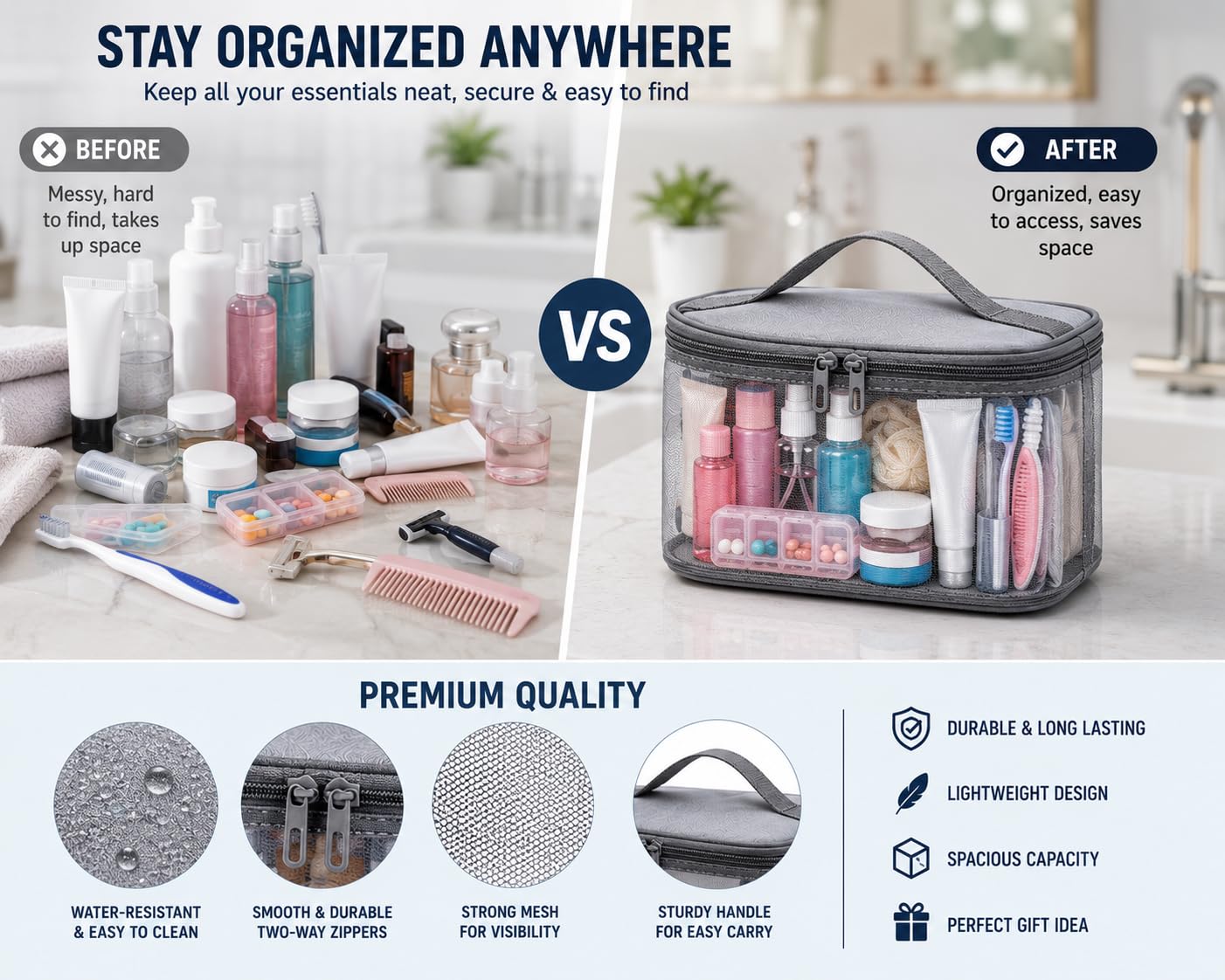 Travel Toiletry Bag for Women & Men, Gray