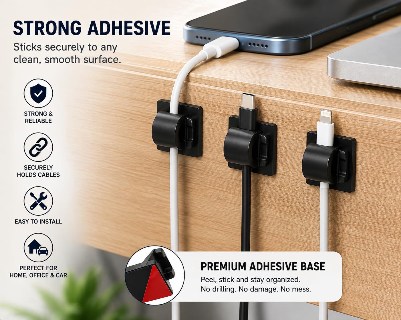 ML Necessities Self Adhesive Cable Clips Cord Organizer, Black