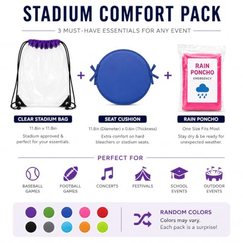 ML Necessities Stadium Comfort Pack Clear Bag, Seat Cushion & Rain Poncho Bundle