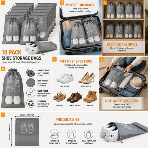 Shoe Storage Bags 10 Pack Reusable Non-Woven Drawstring Pouches